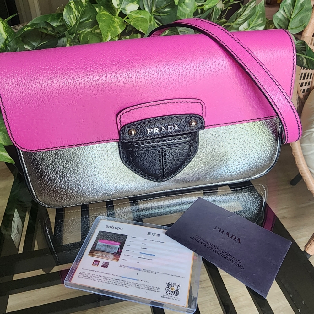 Authentic Prada Pink and Silver Shoulder Bag with Glossy Finish